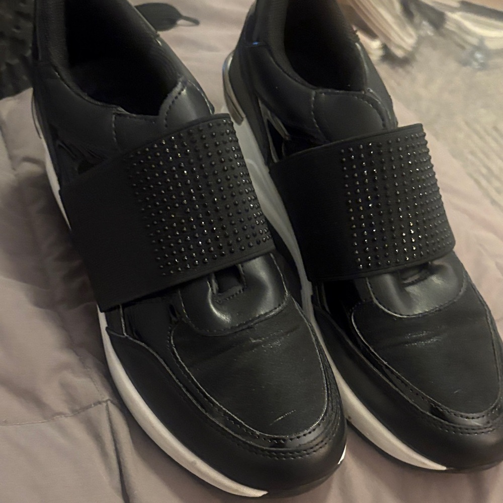 Women’s Black Slip-On Athletic Sneakers with Studded Strap